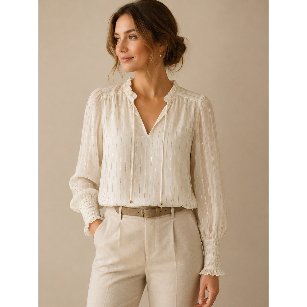 Maison d'Amelie Cream Gold Metallic Stripe Ruffle‎ Neck Long Sleeve Blouse Large